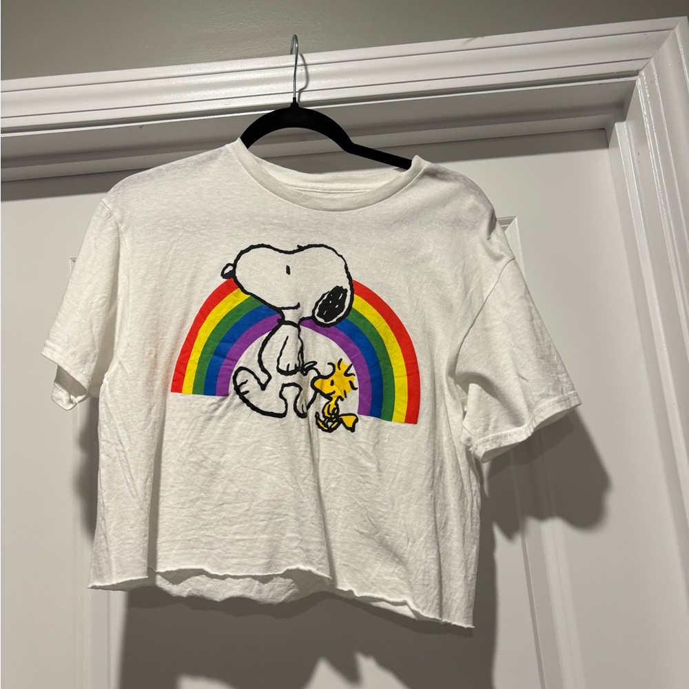 Snoopy and Woodstock Cropped T-Shirt Womens Small Rainbow